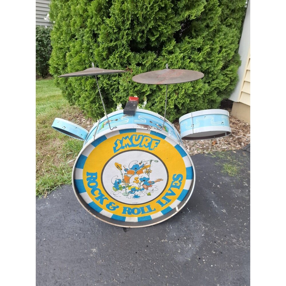 Rare 1982 Smurf Rock N Roll Lives Toy Drum Set Ohio Art Tin Lithograph Trap Kit